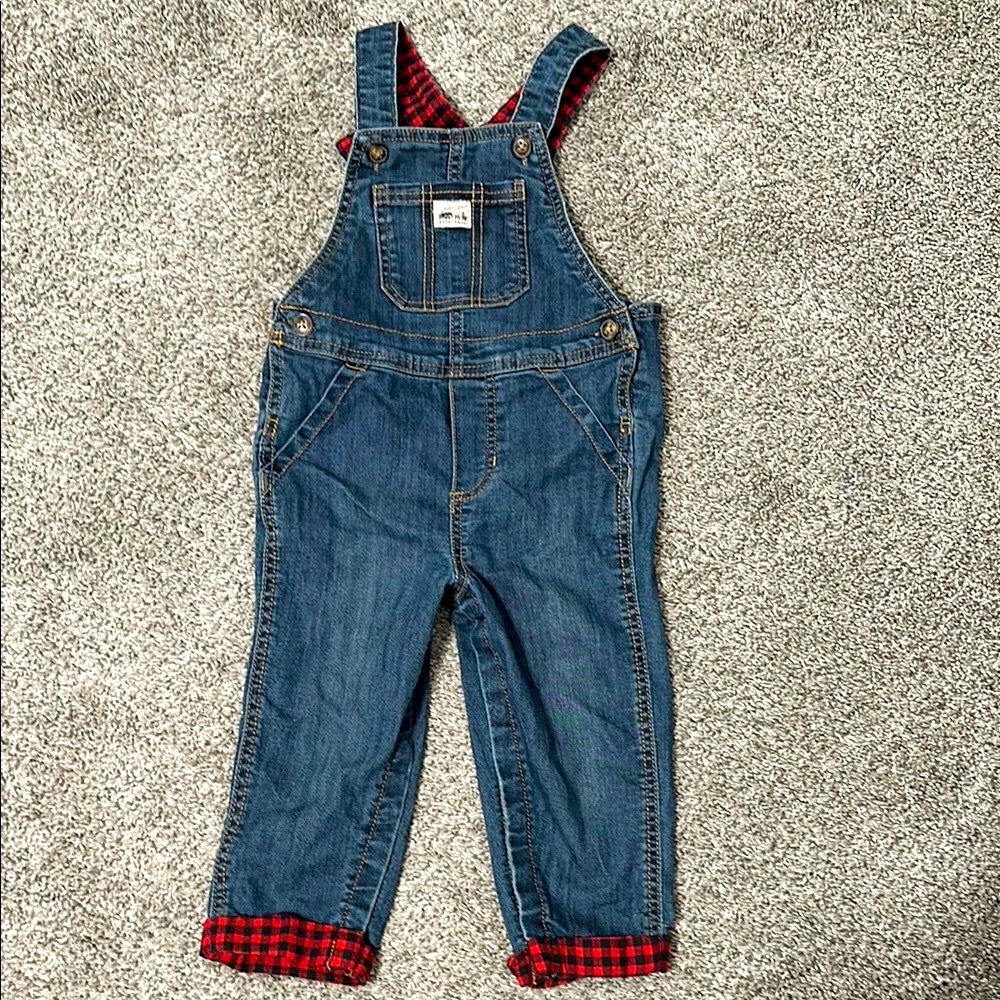 Kids Denim Overalls with Red Plaid Lining